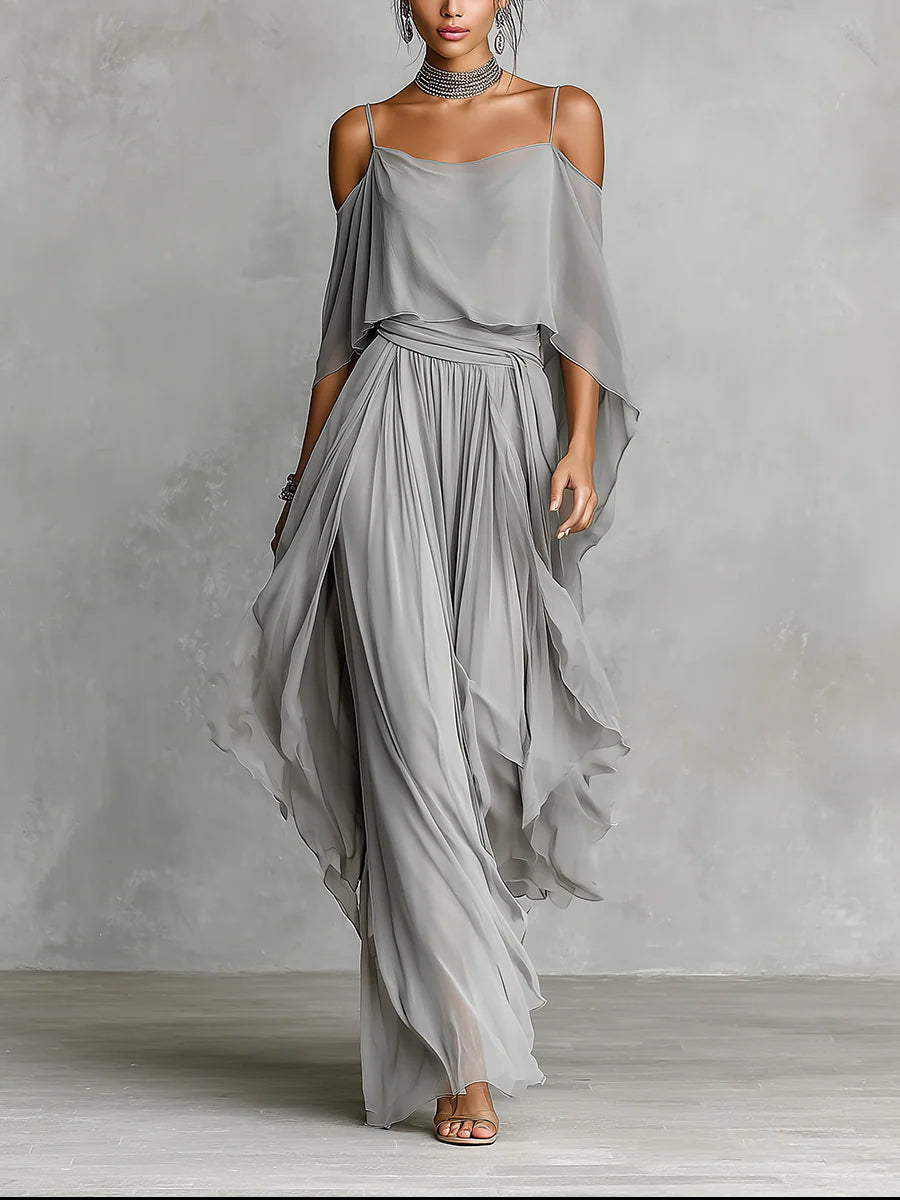 Isabella – Grey Flowing Top & Chiffon Trousers Set – image 1