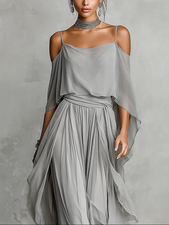 Isabella – Grey Flowing Top & Chiffon Trousers Set – image 2