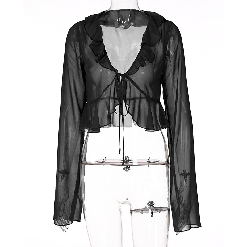 Chiffon see through ruffled long sleeve top – image 7
