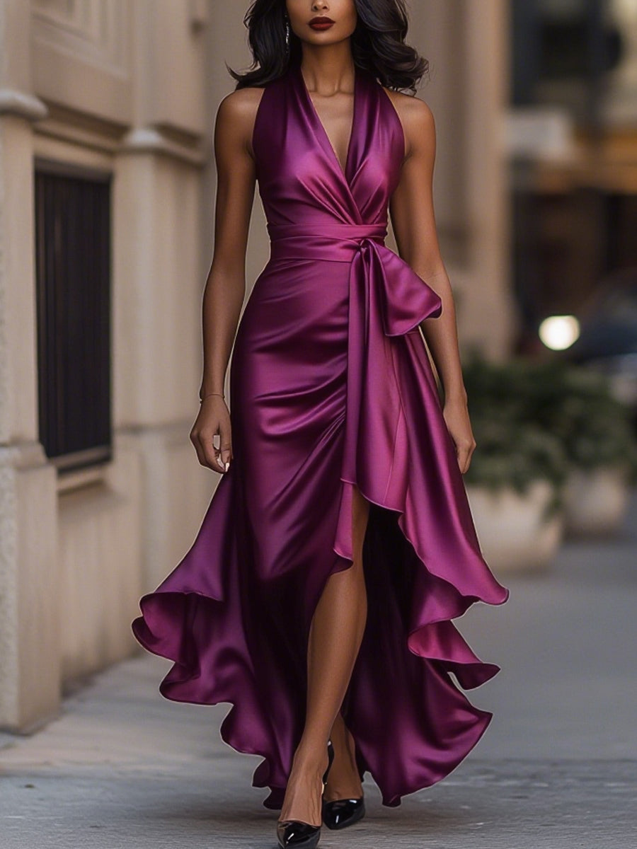Midnight Elegance Satin Halter Ruffle Gown – image 17