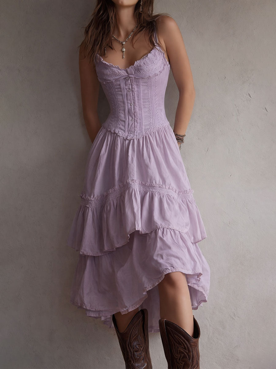 Retro Boho White Corset Tiered Midi Dress With Lace-Trim – image 4