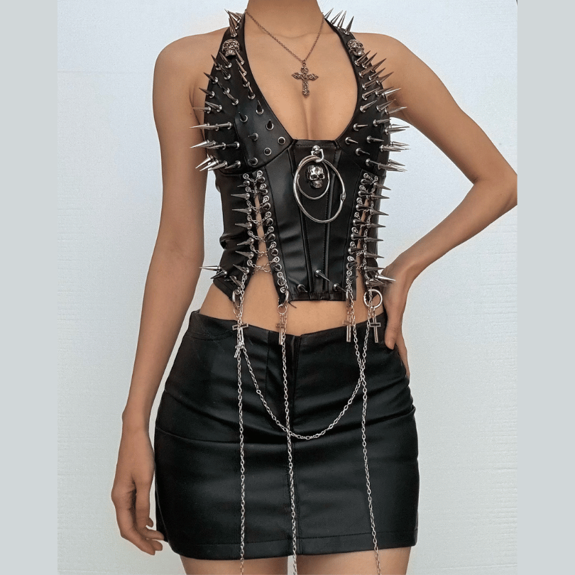 Halter PU leather o ring rivet applique metal chain top – image 1