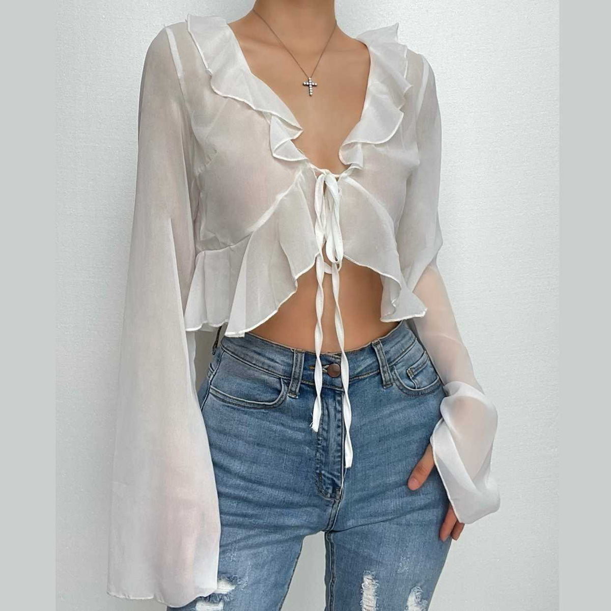 Chiffon see through ruffled long sleeve top – image 9