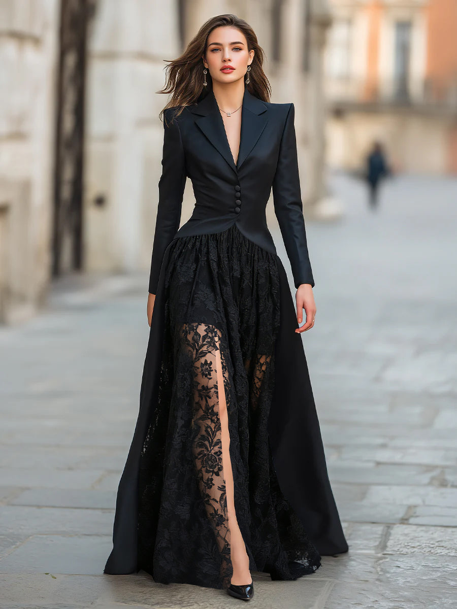 Elegant Tailored Blazer Panel Lace Gown Set – image 2