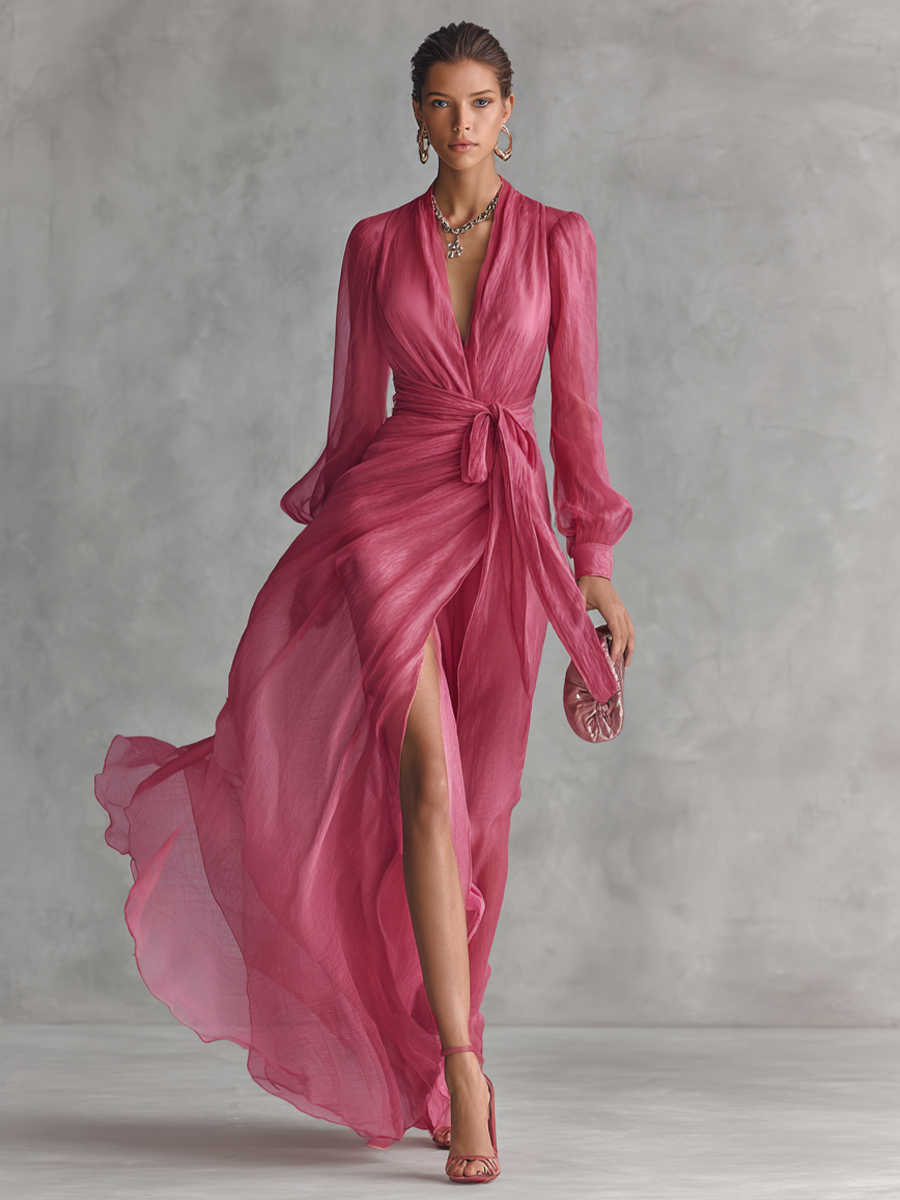 Elegant Pink Chiffon Maxi Dress with Pearls and V-Neck for Women – image 2