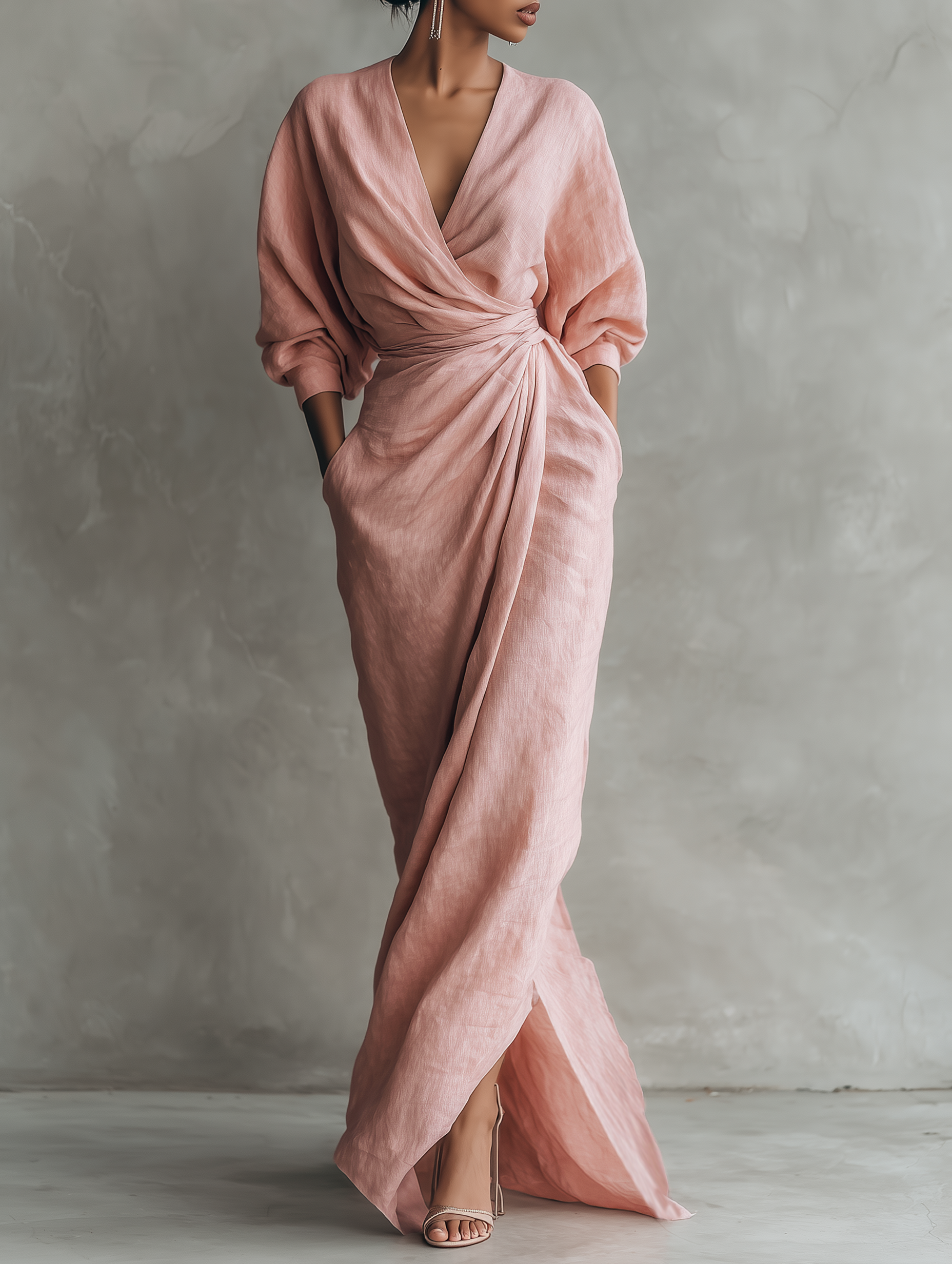 Women's Minimalist Maxi Dress in Pink with V-Neck, Linen Blend – image 1
