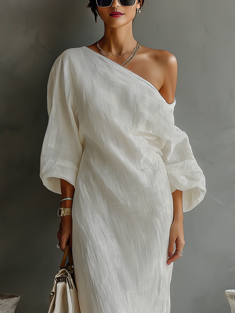 Elegant Flowing Cotton-Linen Dress in Ivory White with One-Shoulder Design – image 5