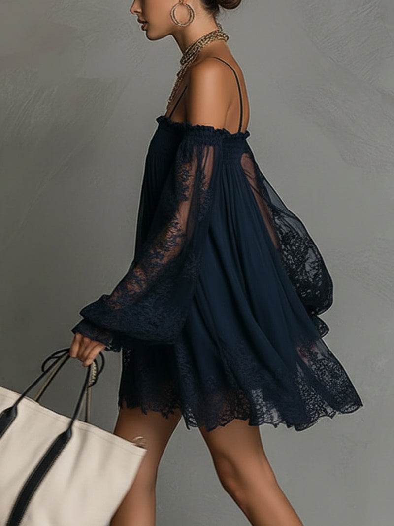 Noemi – Chiffon mini dress with an off-the-shoulder neckline, lace trim, and sheer sleeves – image 4