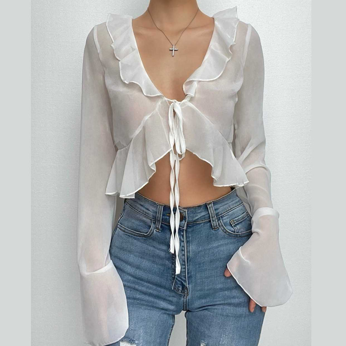 Chiffon see through ruffled long sleeve top – image 10
