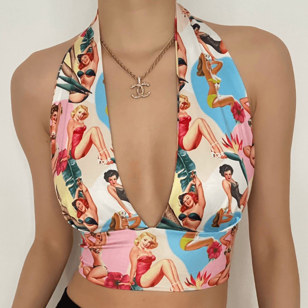 Backless bowknot halter printed top – image 1