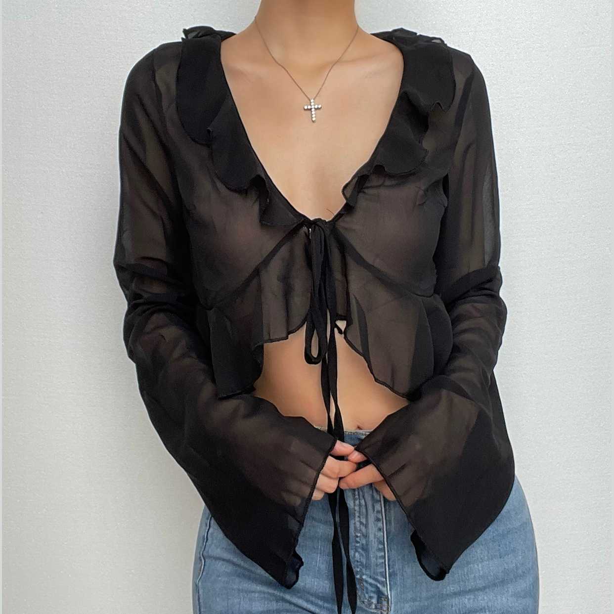Chiffon see through ruffled long sleeve top – image 11