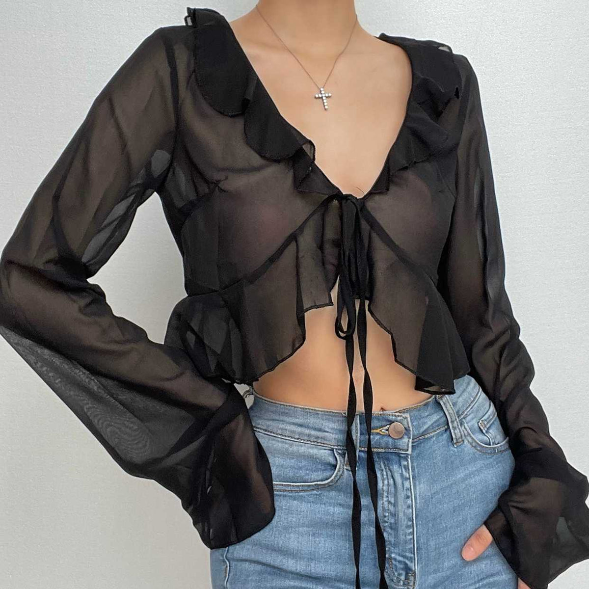 Chiffon see through ruffled long sleeve top – image 12