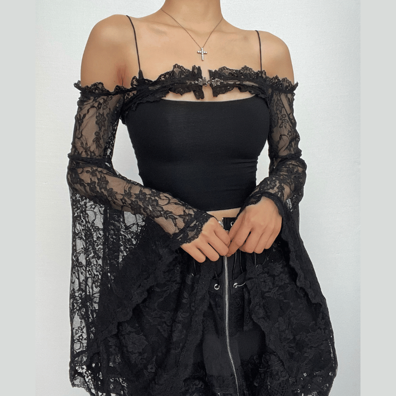 Lace off shoulder flared sleeve solid button shrug top – image 2