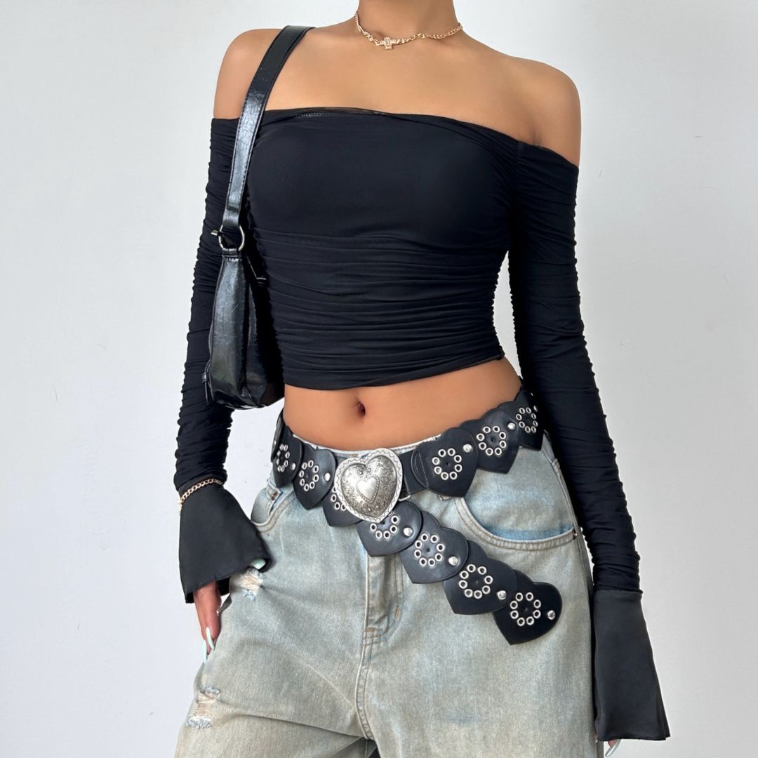 Double layered mesh off shoulder ruched long sleeve solid crop top – image 1
