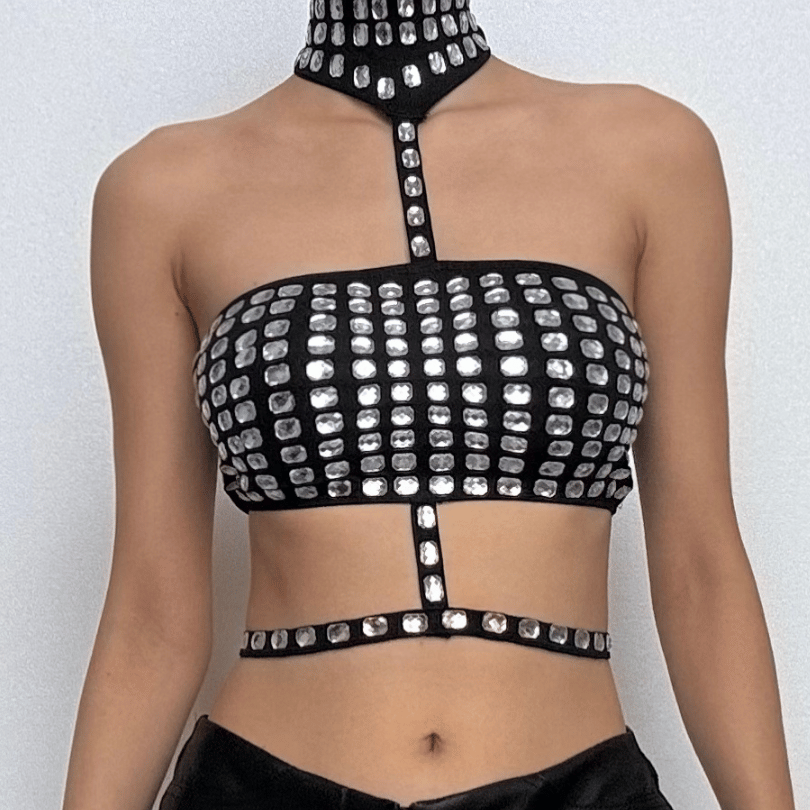 Beaded contrast halter hollow out backless crop cut out top – image 2