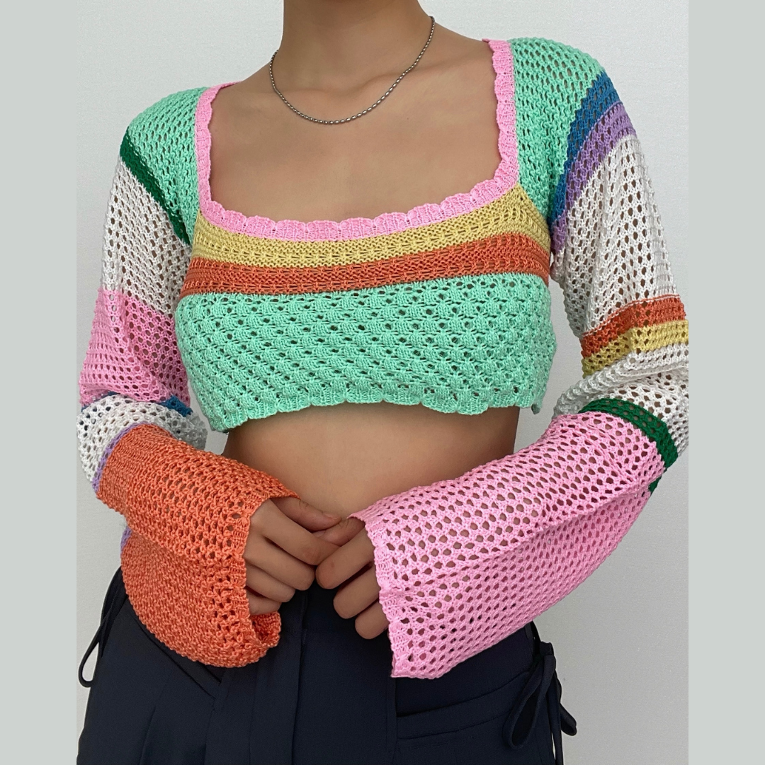 Crochet knit long sleeve contrast square neck crop top – image 1