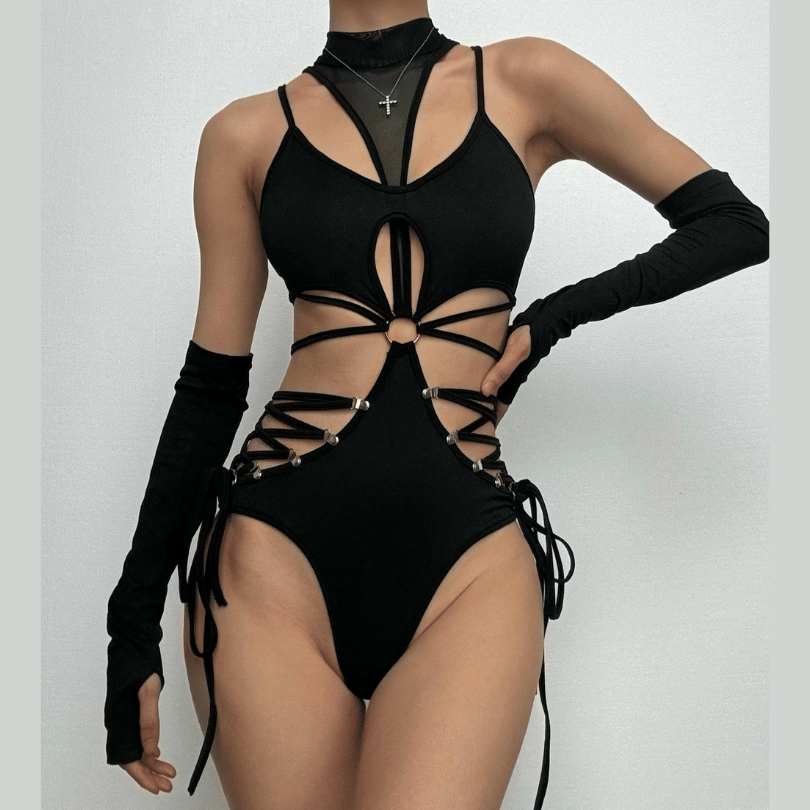 High neck o ring hollow out lace up gloves bodysuit – image 2
