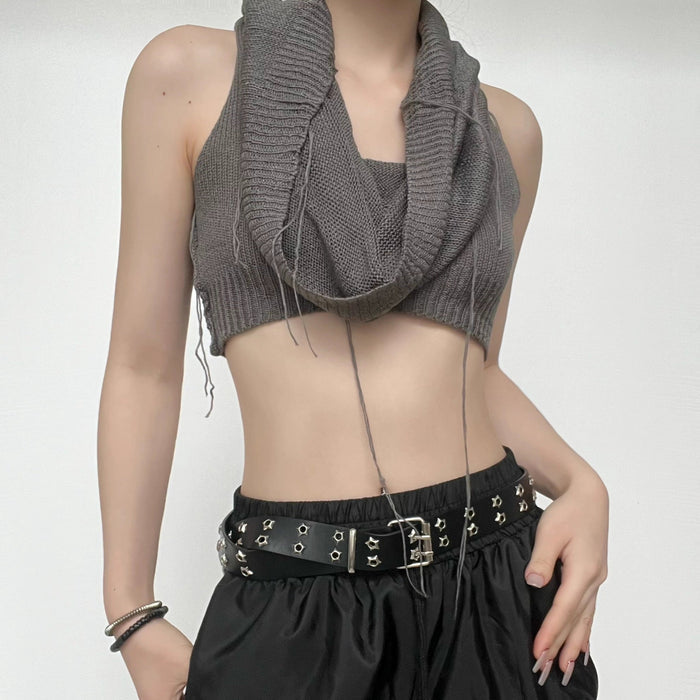 Solid sleeveless knitted stitch hoodie crop top – image 3