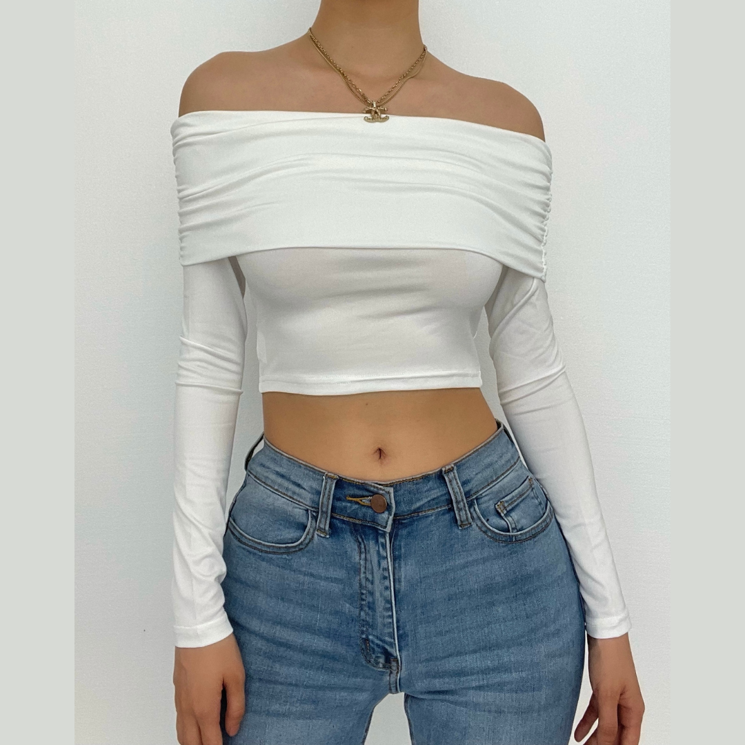 Ruched off shoulder long sleeve backless solid crop top – image 1