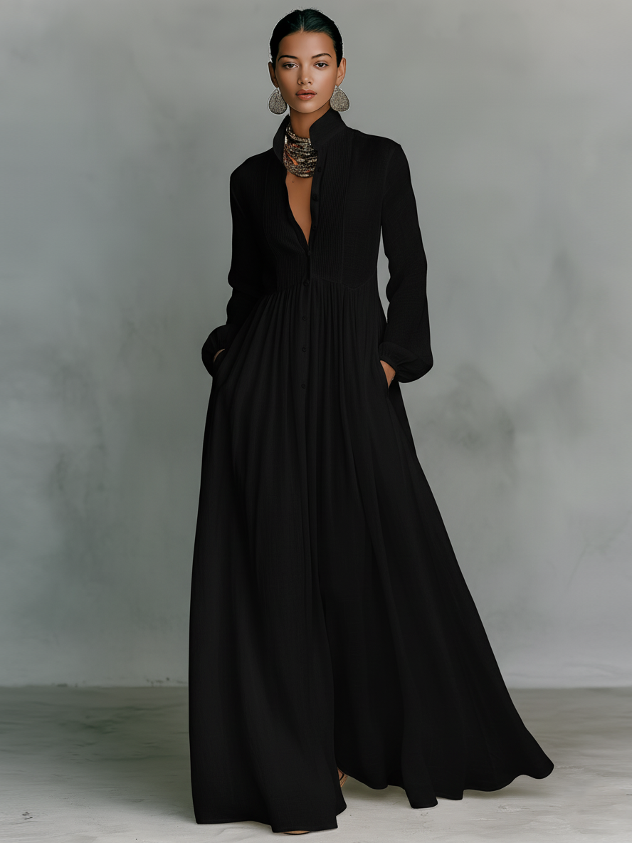 Maxi Minimalist Dress in Cotton & Linen with Patchwork, High Collar and Long Sleeves – image 6
