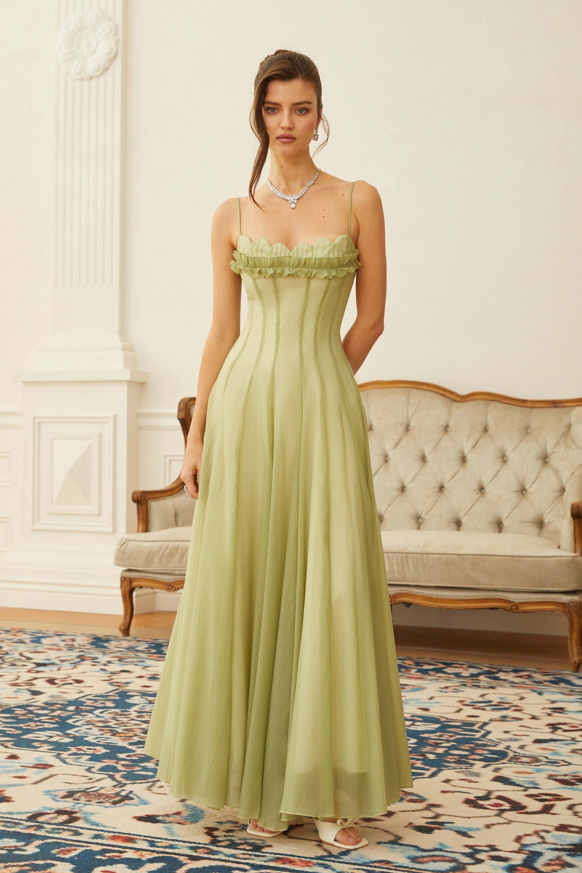 Matcha Ruffled Shirred Tulle Maxi Dress – image 1