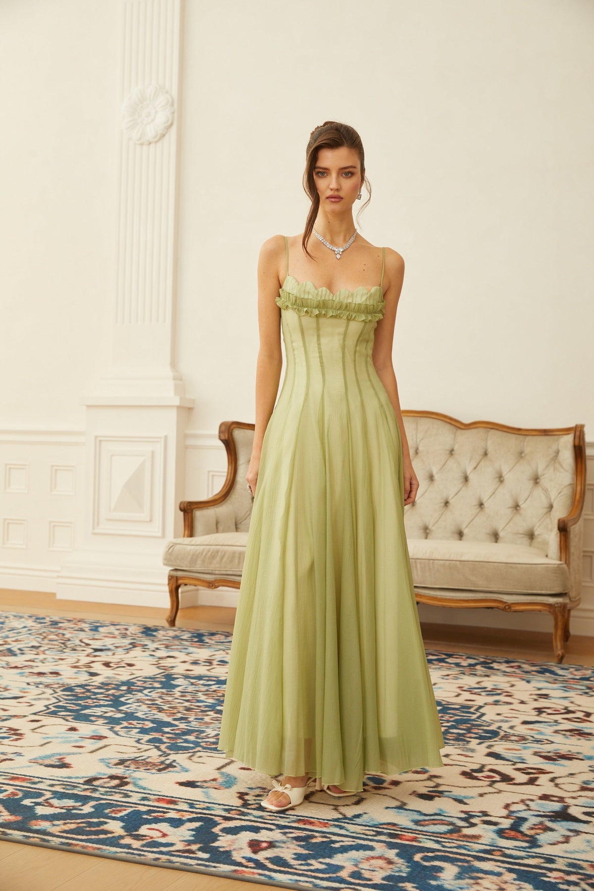 Matcha Ruffled Shirred Tulle Maxi Dress – image 3