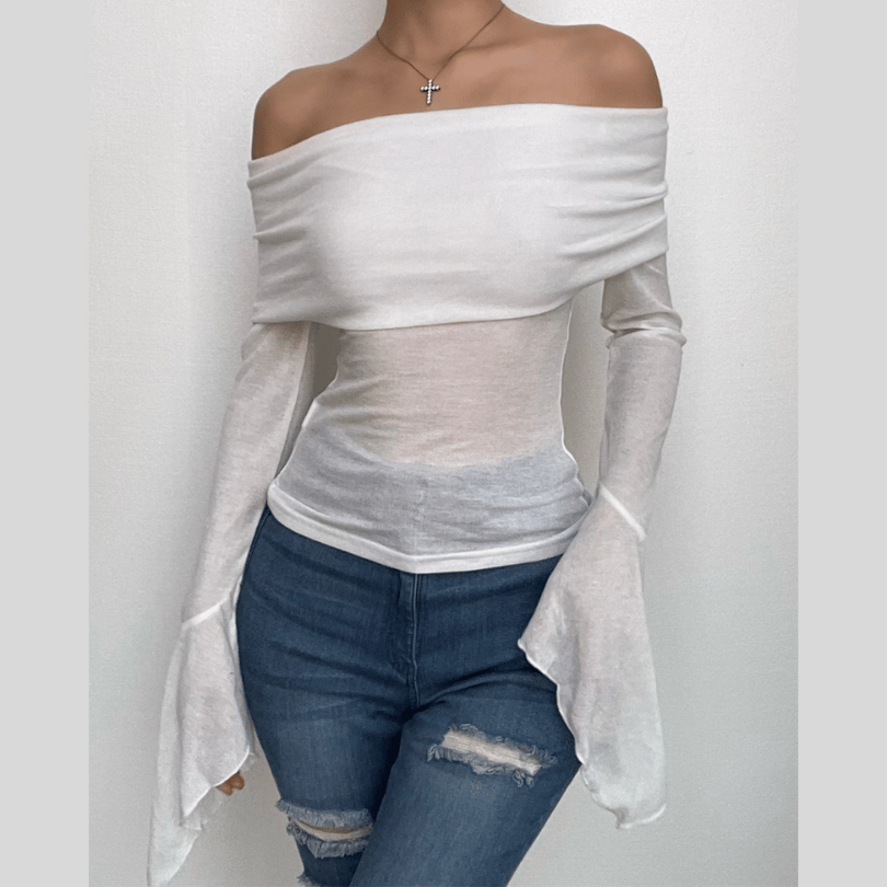 Ruched solid off shoulder long flared sleeve top – image 11
