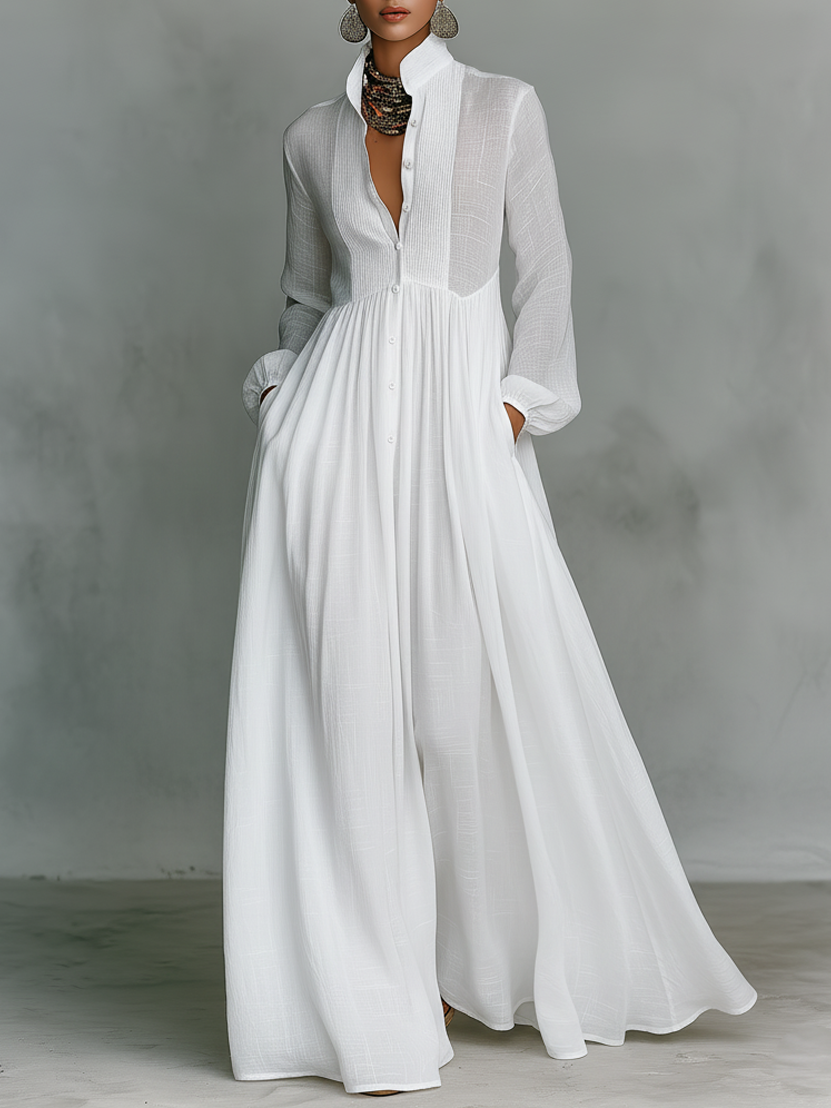 Minimalist Cotton & Linen Patchwork Maxi Dress with Stand Collar and Long Sleeves – image 1