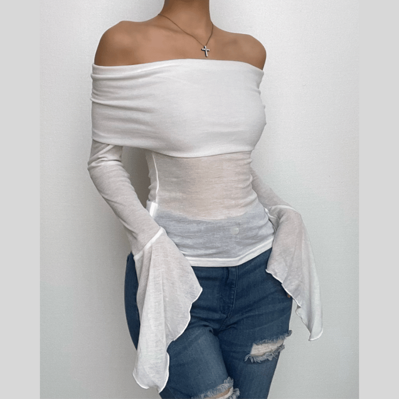 Ruched solid off shoulder long flared sleeve top – image 10
