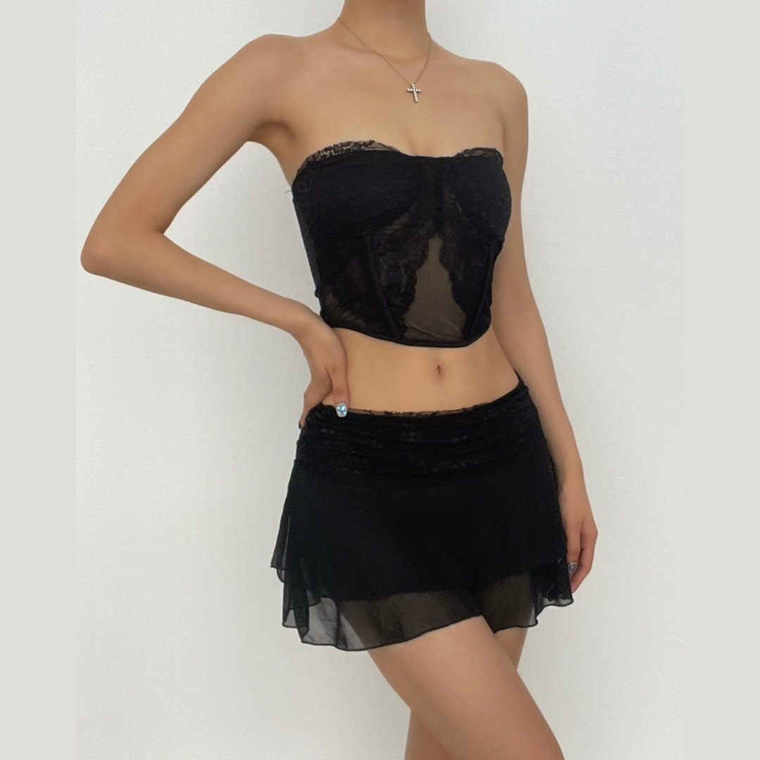 Mesh solid sleeveless backless lace hem tube top skirt set – image 14