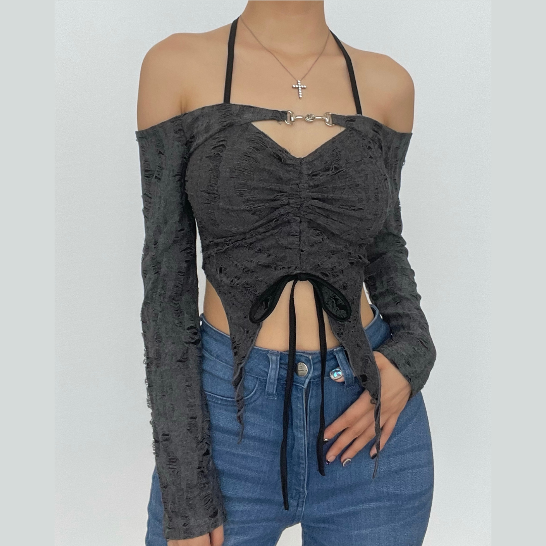 Ruched drawstring long sleeve halter slit off shoulder 2 piece top – image 1