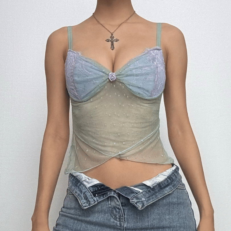 Hem lace mesh see through contrast cami top – image 1