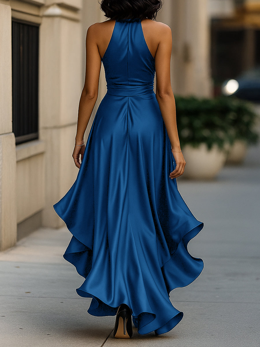 Midnight Elegance Satin Halter Ruffle Gown – image 12