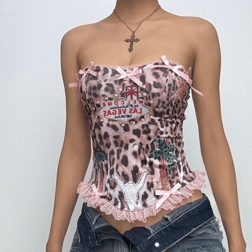 Bowknot leopard print lace hem backless tube top – image 1