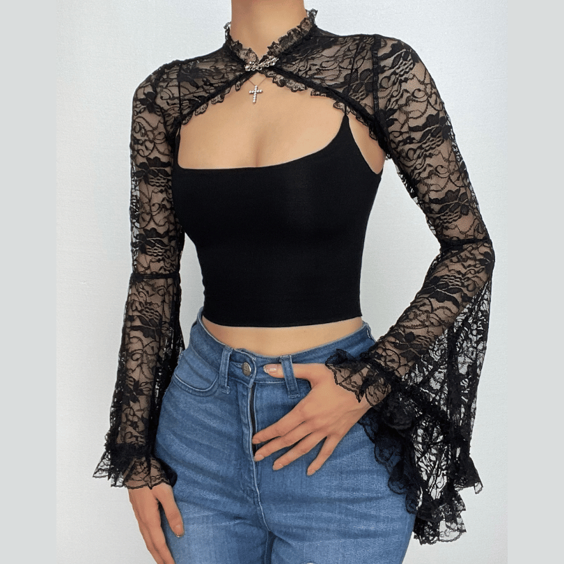 Solid flared sleeve lace hem button hollow out shrug cut out top – image 1