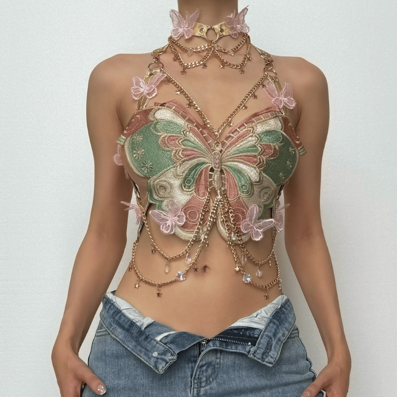 Butterfly embroidery metal chain halter top with choker – image 12