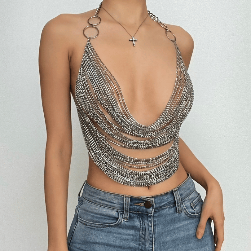 Metal chain see through o ring halter backless crop top – image 1