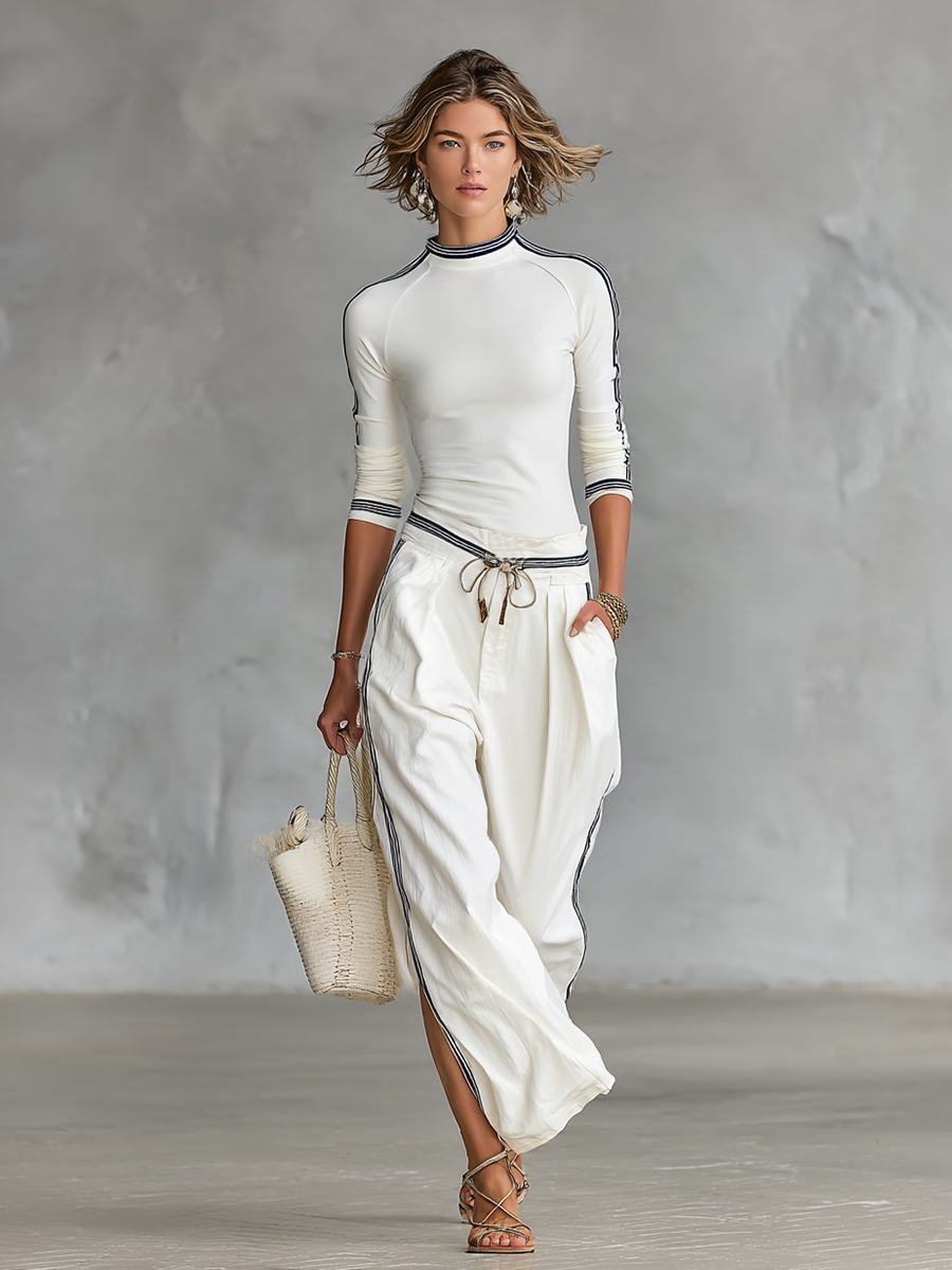 Women's Two-Piece Set: Long-Sleeve Sports T-Shirt with Mock Neck and Wide-Leg Drawstring trousers – image 3