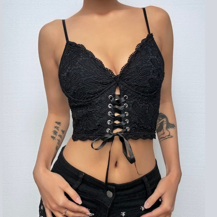 V neck heart neck solid lace up zip-up lace hem cami top – image 1