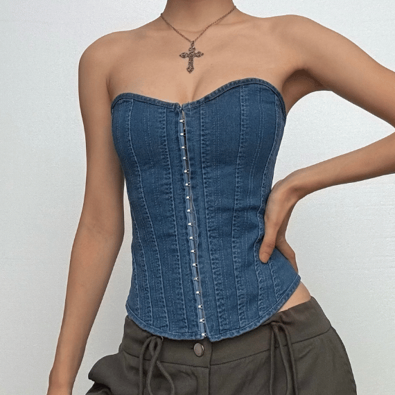Denim lace up back heart neck tube top – image 1