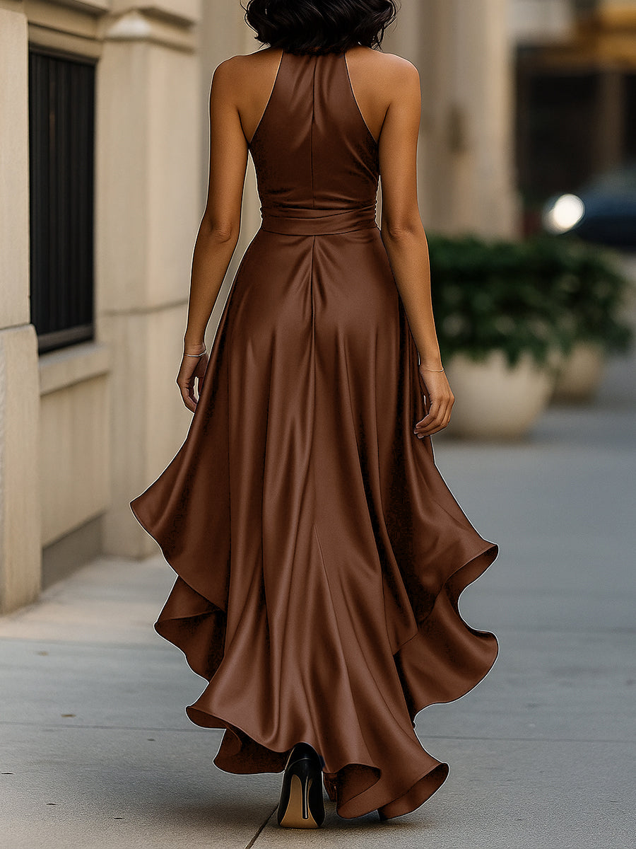 Midnight Elegance Satin Halter Ruffle Gown – image 14