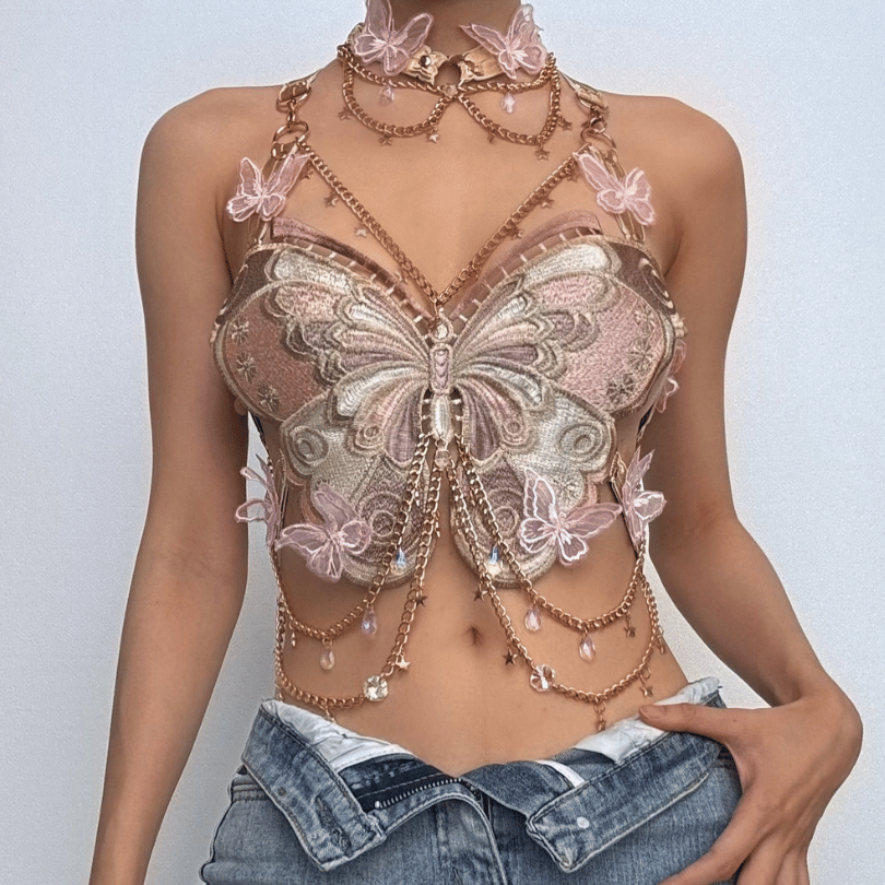 Butterfly embroidery metal chain halter top with choker – image 4