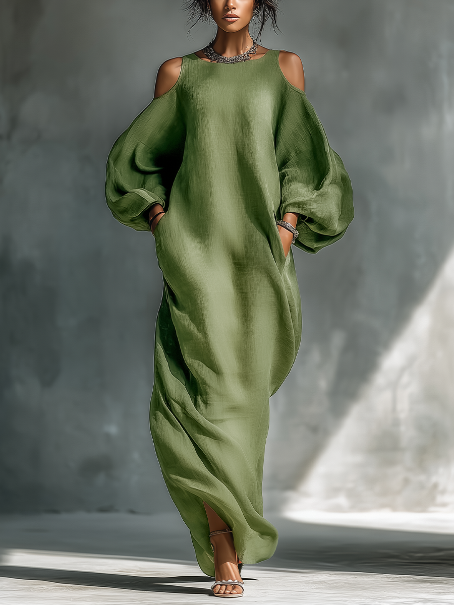 Veronica – Women’s light green off-shoulder maxi dress with oversized puff sleeves and side pockets – image 2