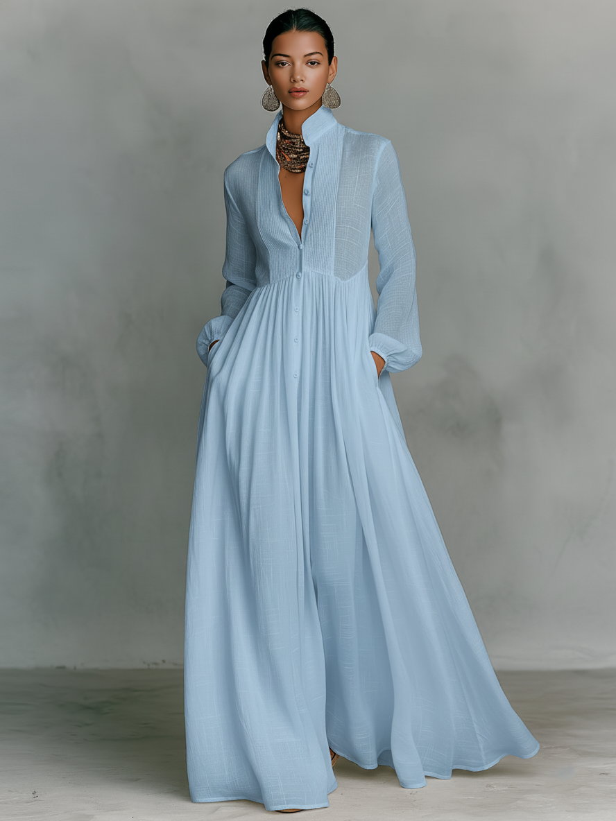 Maxi Minimalist Dress in Cotton & Linen with Patchwork, High Collar and Long Sleeves – image 5