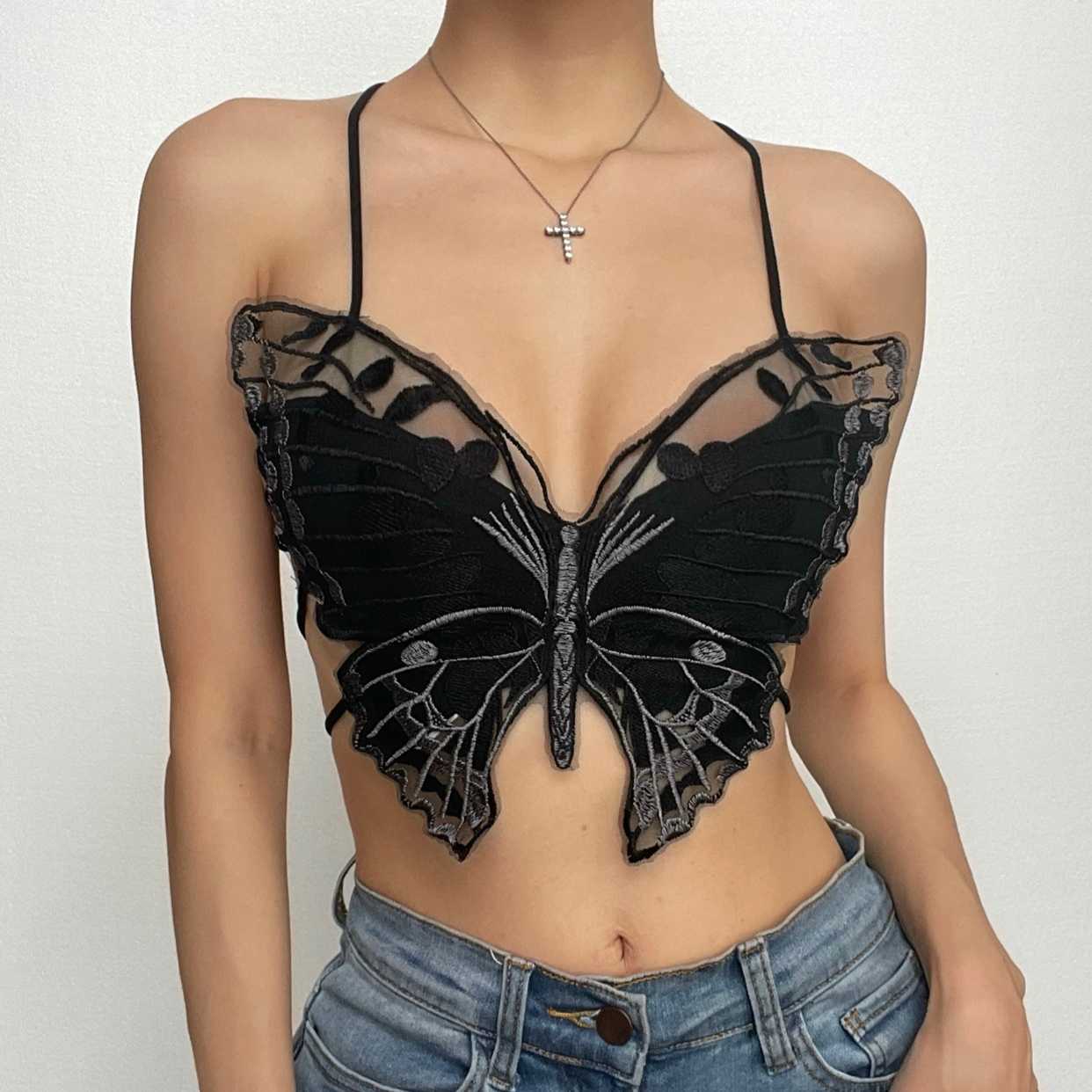 Butterfly pattern embroidery halter self tie backless crop top – image 1