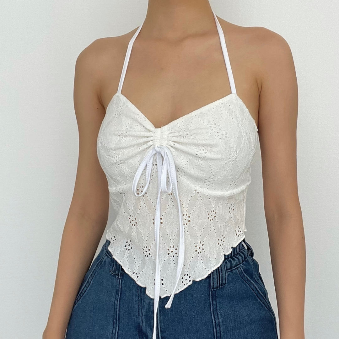 Backless self tie textured halter sleeveless ruffle crop top – image 1