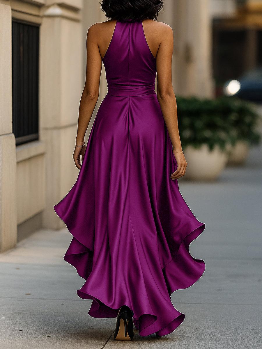 Midnight Elegance Satin Halter Ruffle Gown – image 18