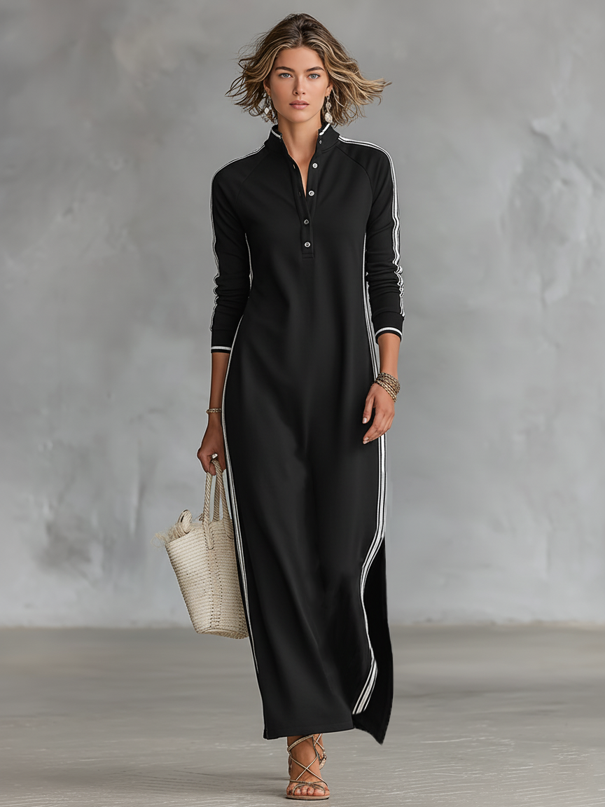 Women's Minimalist White-trimmed Button-down Collar Sweatshirt Dress Maxi Dress MDA0958L0Y – image 8