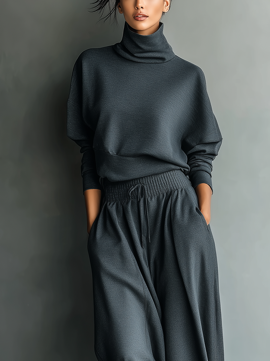 Women's Charcoal Knit Set with High Neck Top and Wide-Leg trousers – image 3