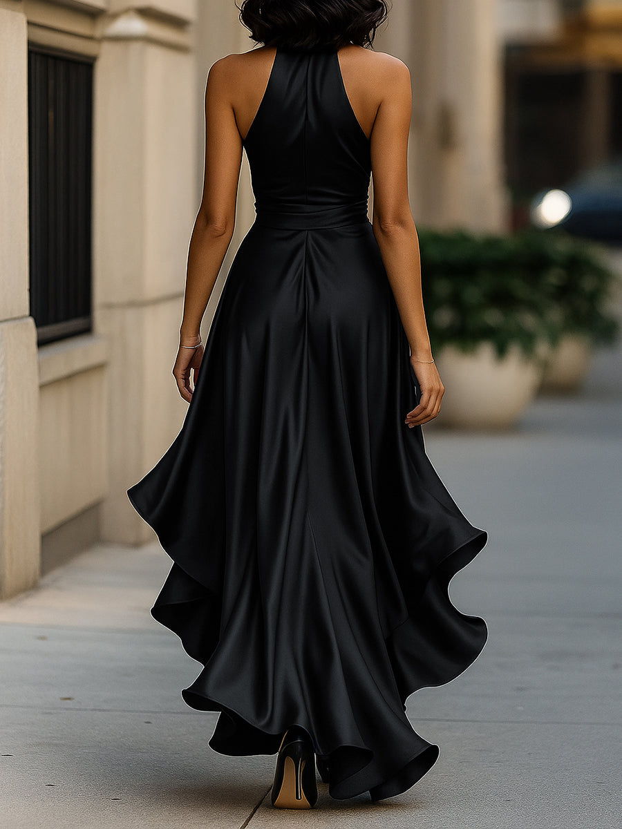 Midnight Elegance Satin Halter Ruffle Gown – image 16
